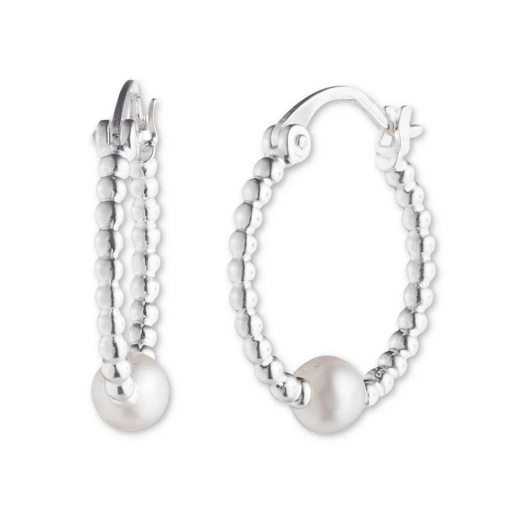 SOLD / Lauren Ralph Lauren Sterling Silver and Freshwater Pearl Hoop Earring NEW